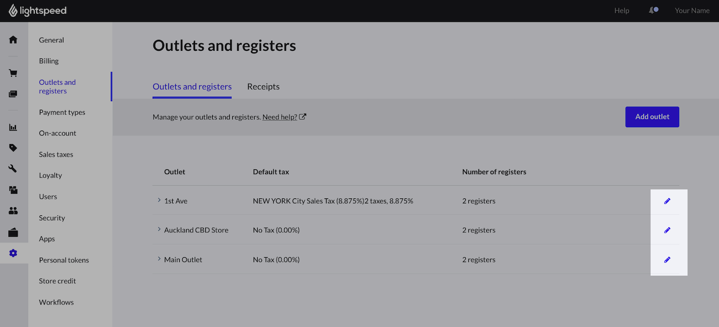 Outlets and registers page with pencil icons emphasized.