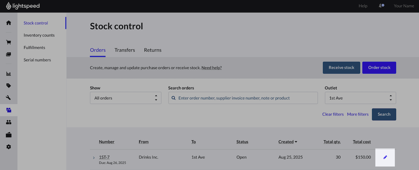 Stock control page with an order's pencil icon emphasized.
