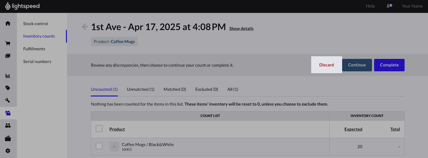 Open invnetory count page with Discard option emphasized.