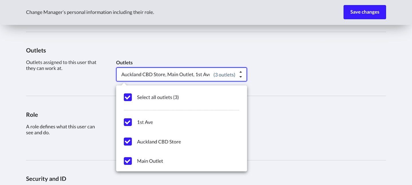 Specific user's page showing Outlets section and option to remove outlets from being assigned to the user.