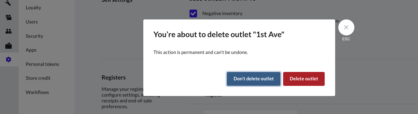 Pop-up warning that outlet deletion is permanent.