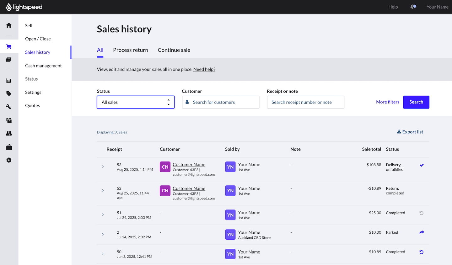 Sales history page.