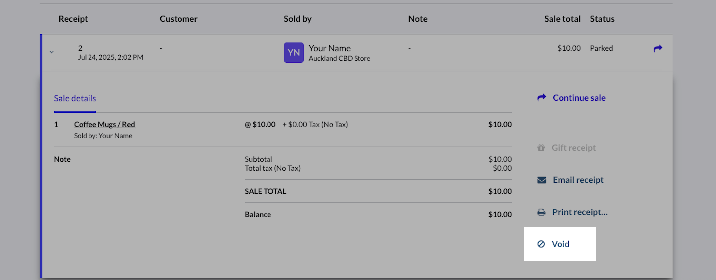 Expanded sale with Void option emphasized.