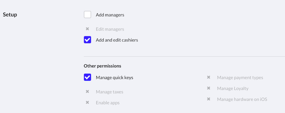Section de configuration du rôle de gestionnaire montrant les options pour modifier les touches rapides et les caissiers.