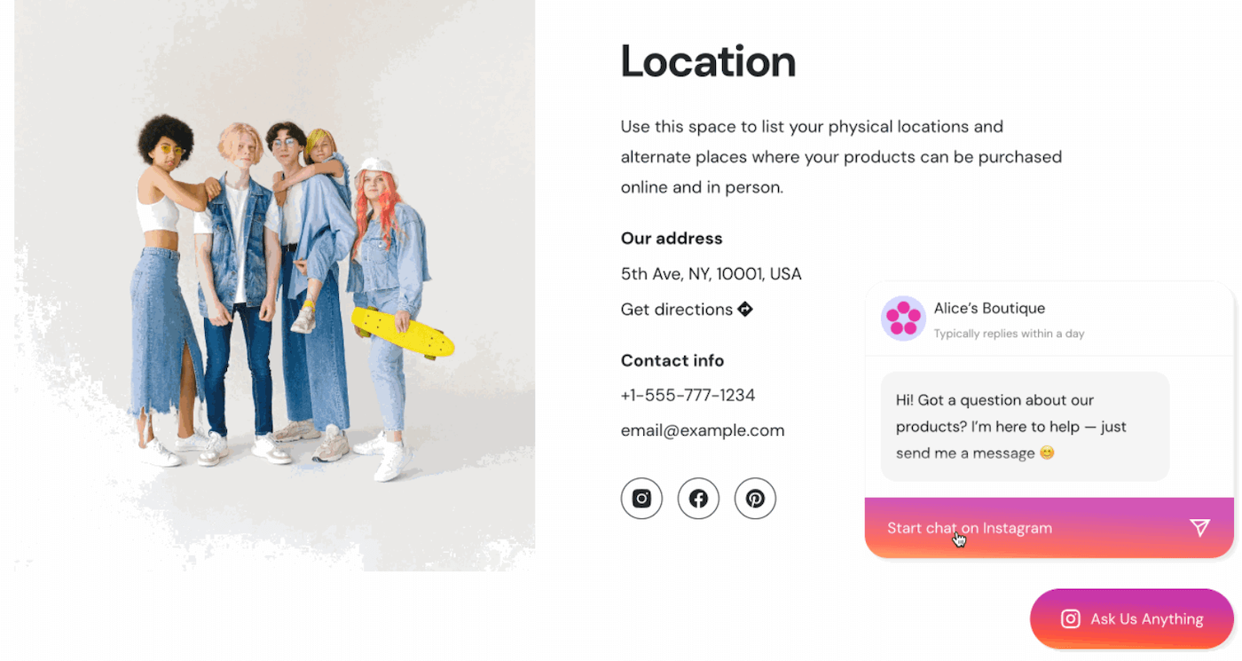 Instant Site with contact widget displayed.