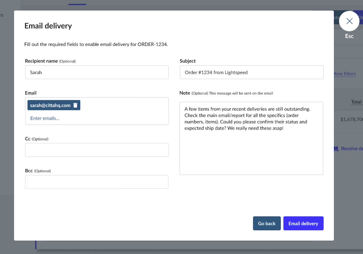 Email supplier window on the Stock control page.