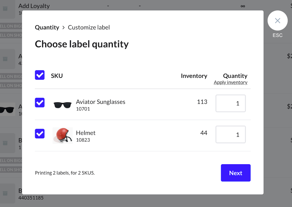 Choose label quantity to print dialogue box with inventory column.