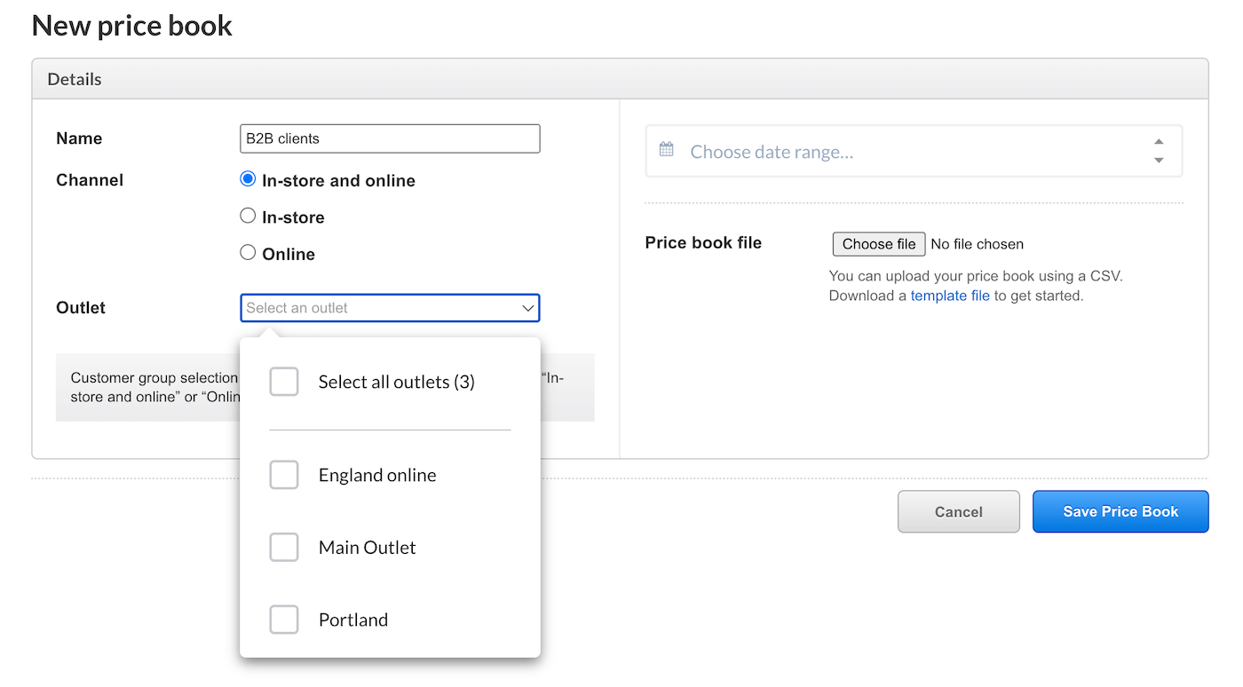 New price book page with options to choose in-store, online, or both.