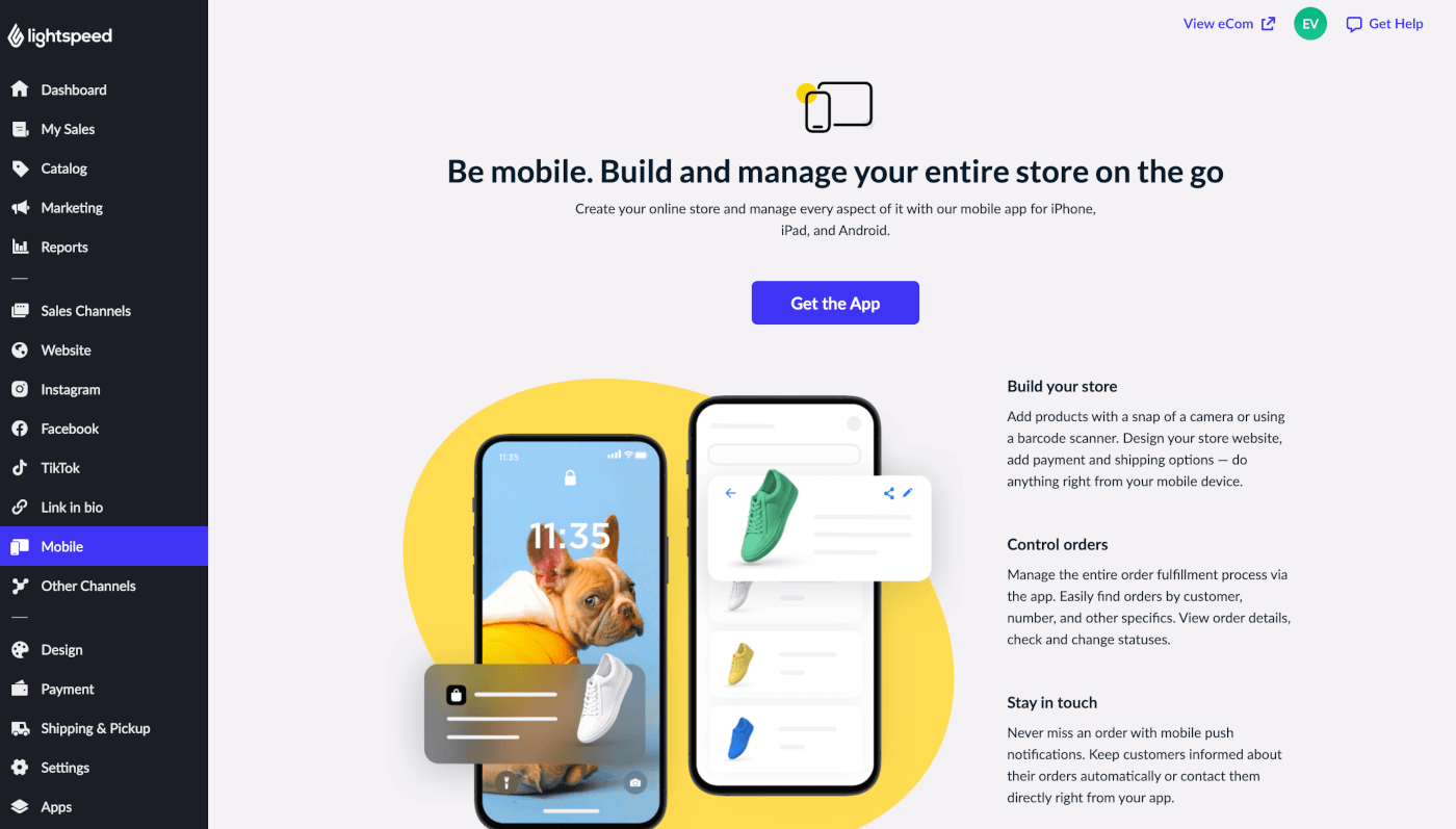 Mobile page in the eCom admin