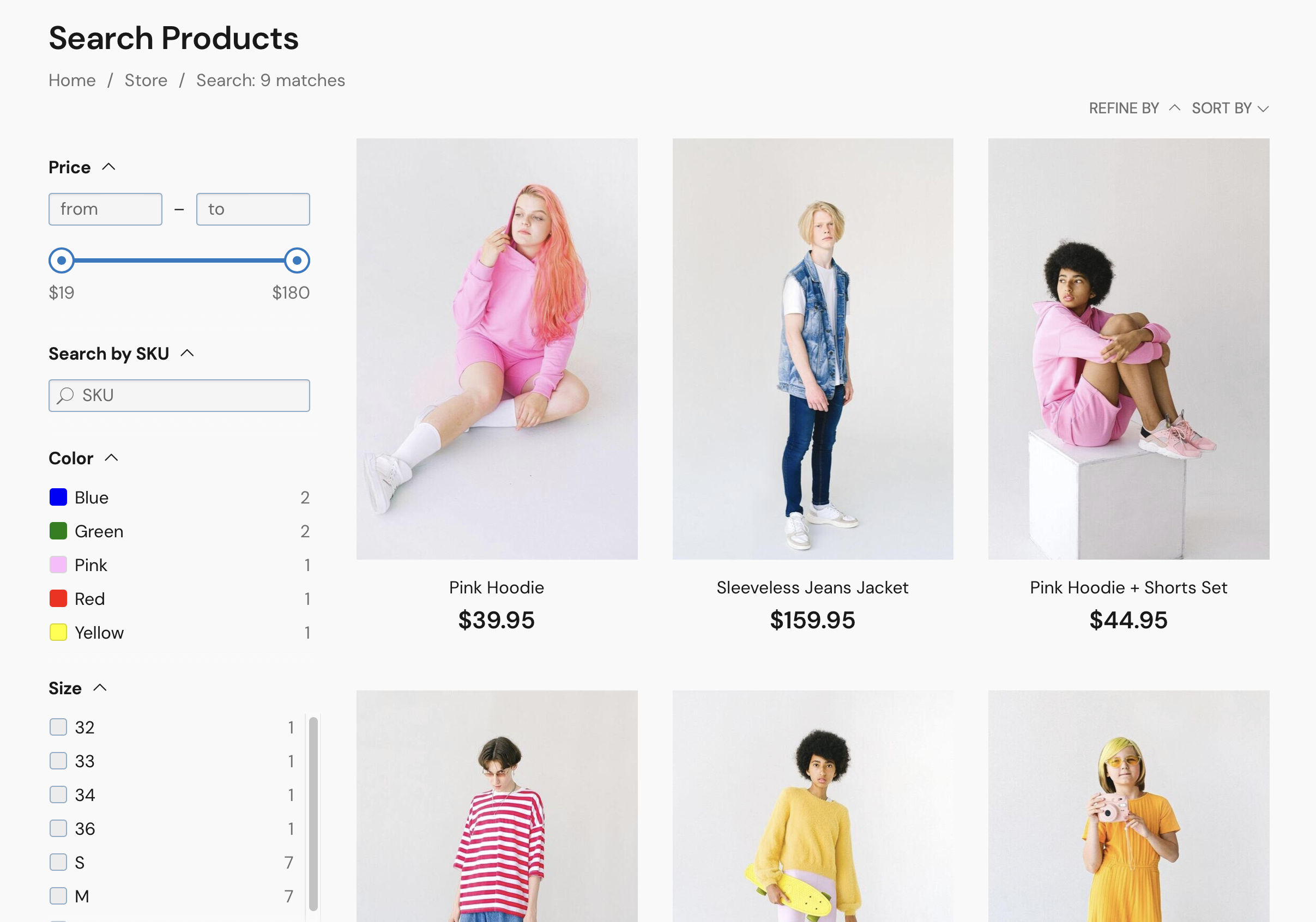 Product filters on the search page