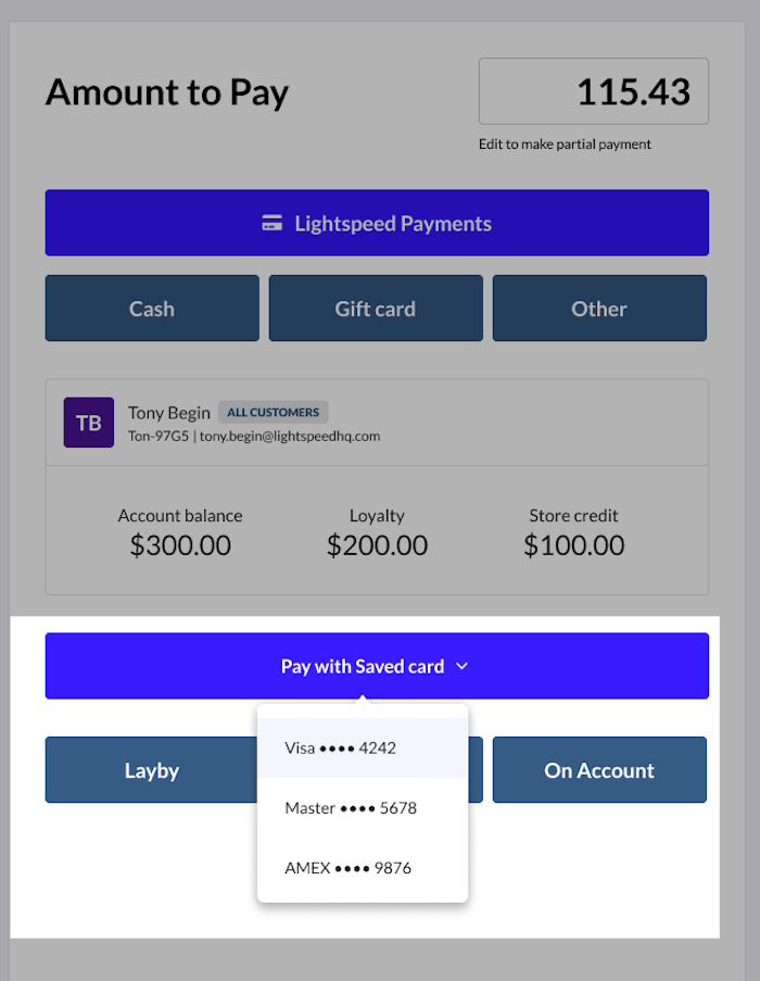 Sell screen with dropdown to choose which saved payment method to complete the sale with.
