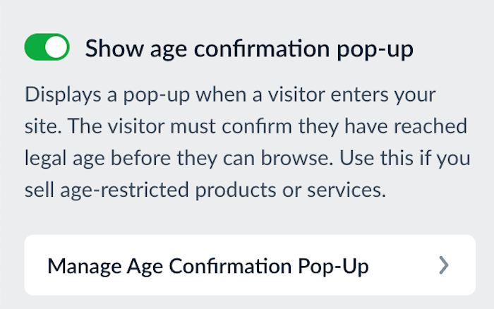 Enabling age confirmation pop-up.