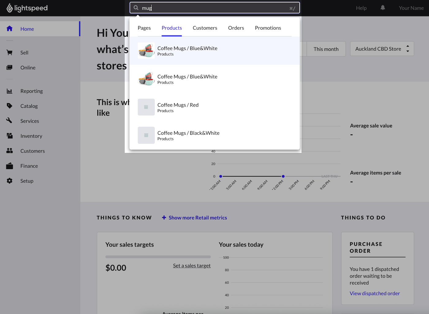 Search bar emphasized showing a search for 'mug' in the Products section.