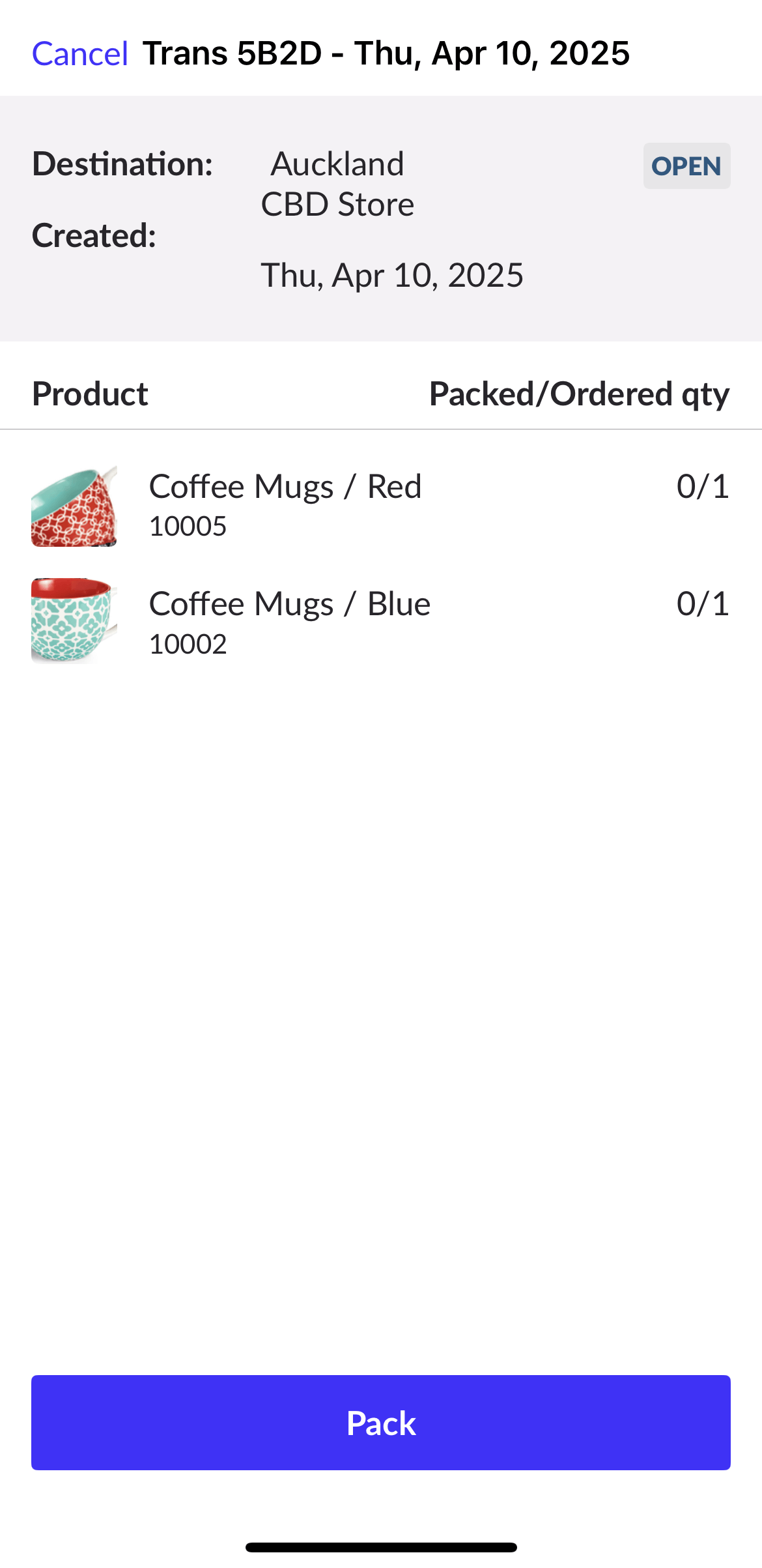 Pagina met een openstaande overdracht en de knop Verpakken.