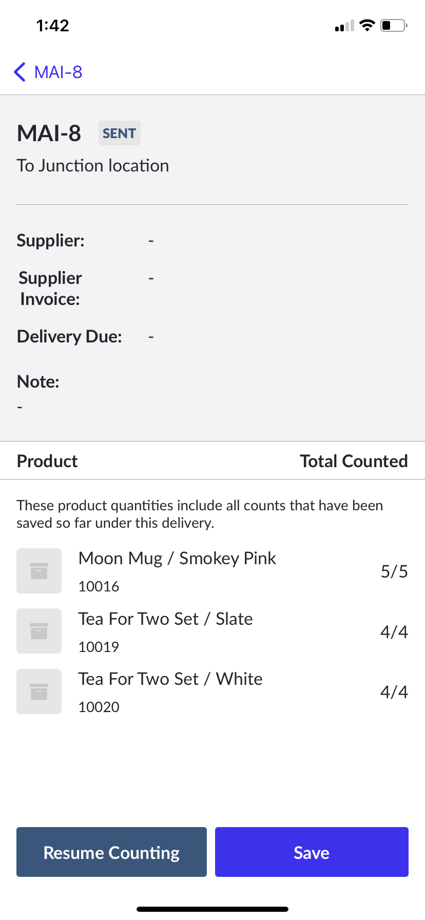 Factuur die wordt ontvangen met een voltooide telling.