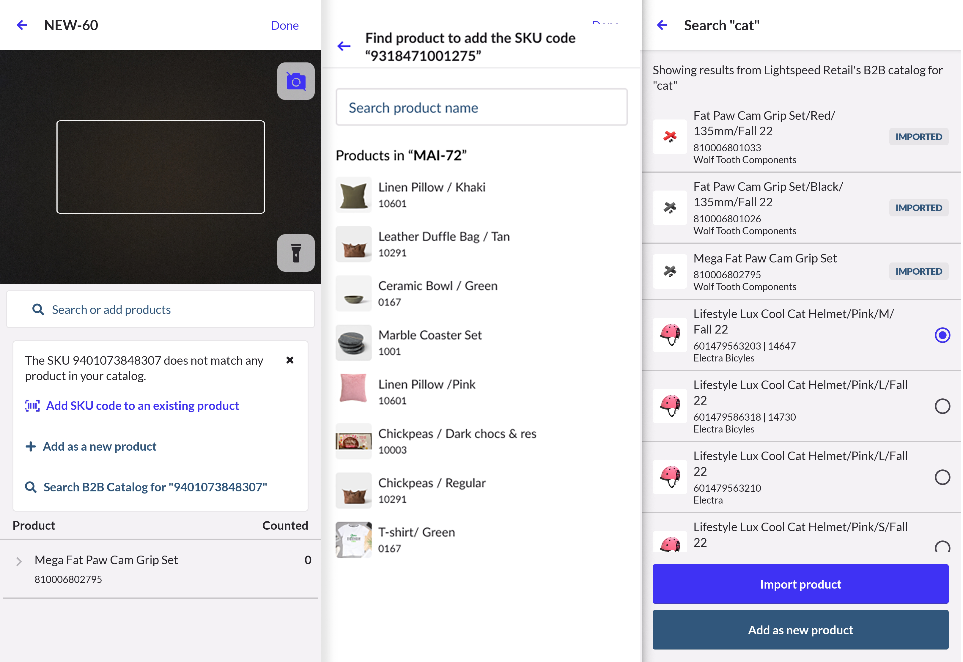 Opties om de gescande SKU aan een bestaand product toe te voegen, een nieuw product toe te voegen met de SKU of te zoeken naar een product in de NuORDER-catalogus.