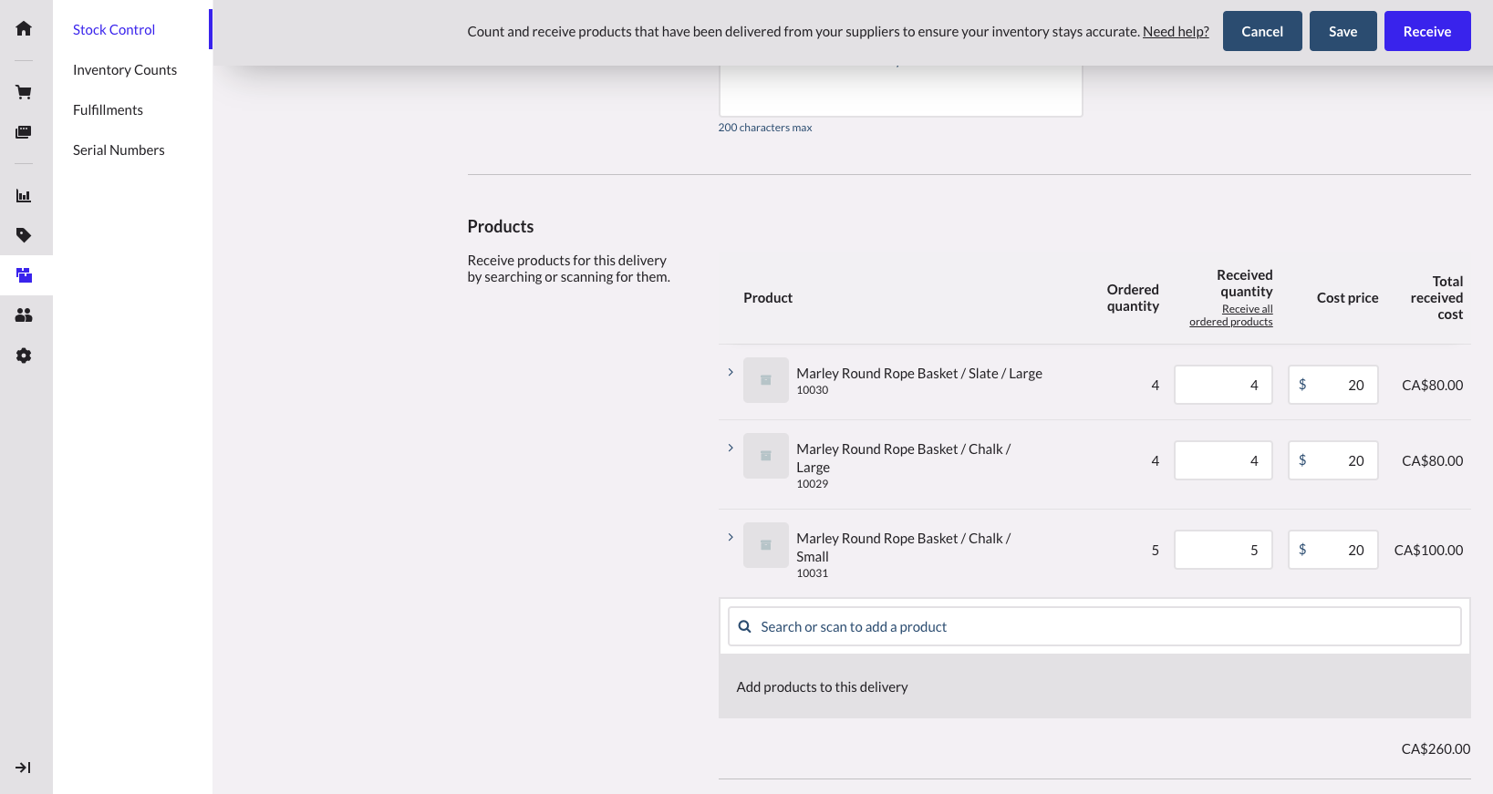 Details van de bestelling die in Retail POS moet worden ontvangen. Alle producten zijn geteld en de bestelling is gereed voor goedkeuring.