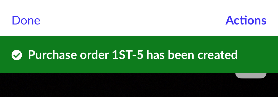 Tijdelijke banner met de melding dat de inkooporder is aangemaakt.