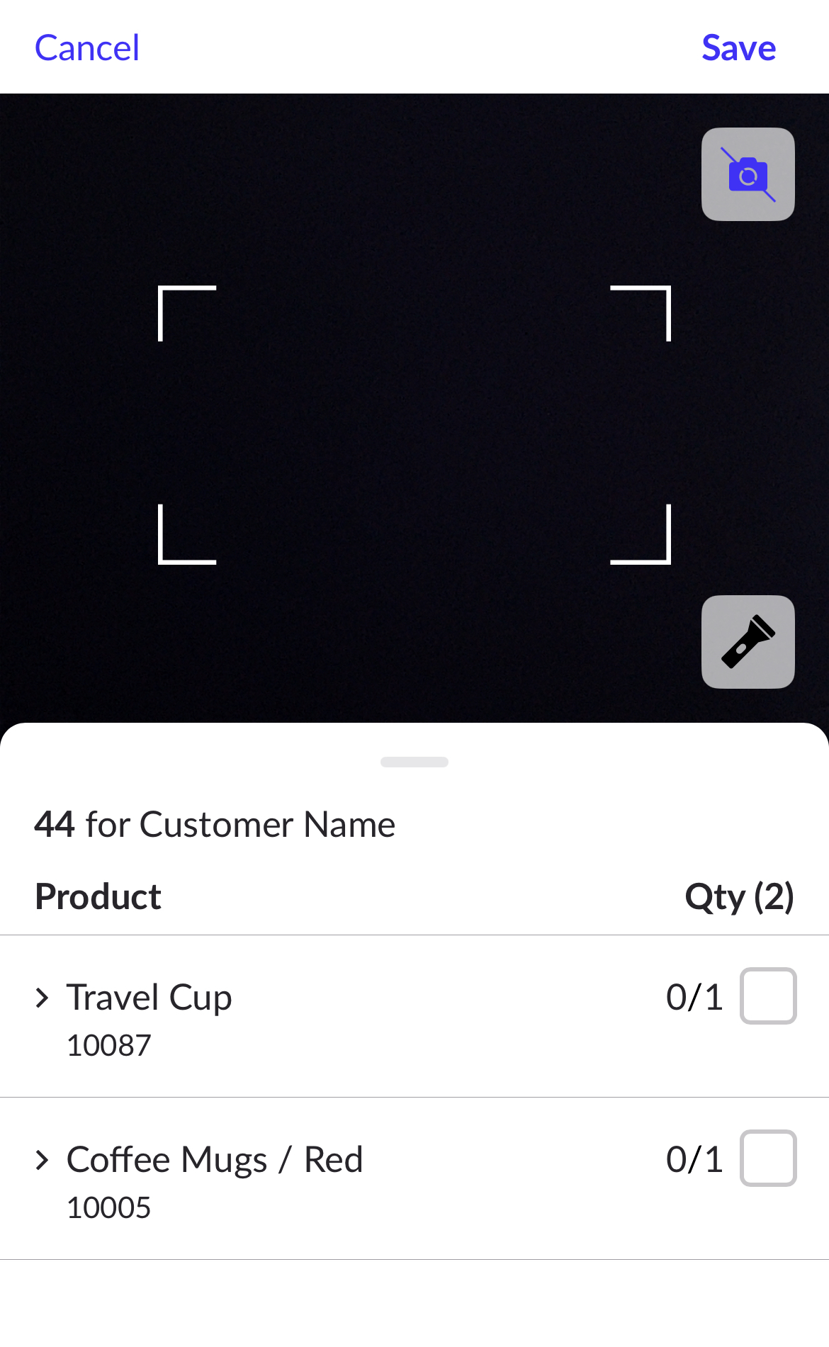 Bestelling met een lijst van producten om te selecteren en een camera aan de achterzijde die beschikbaar is om barcodes te scannen.