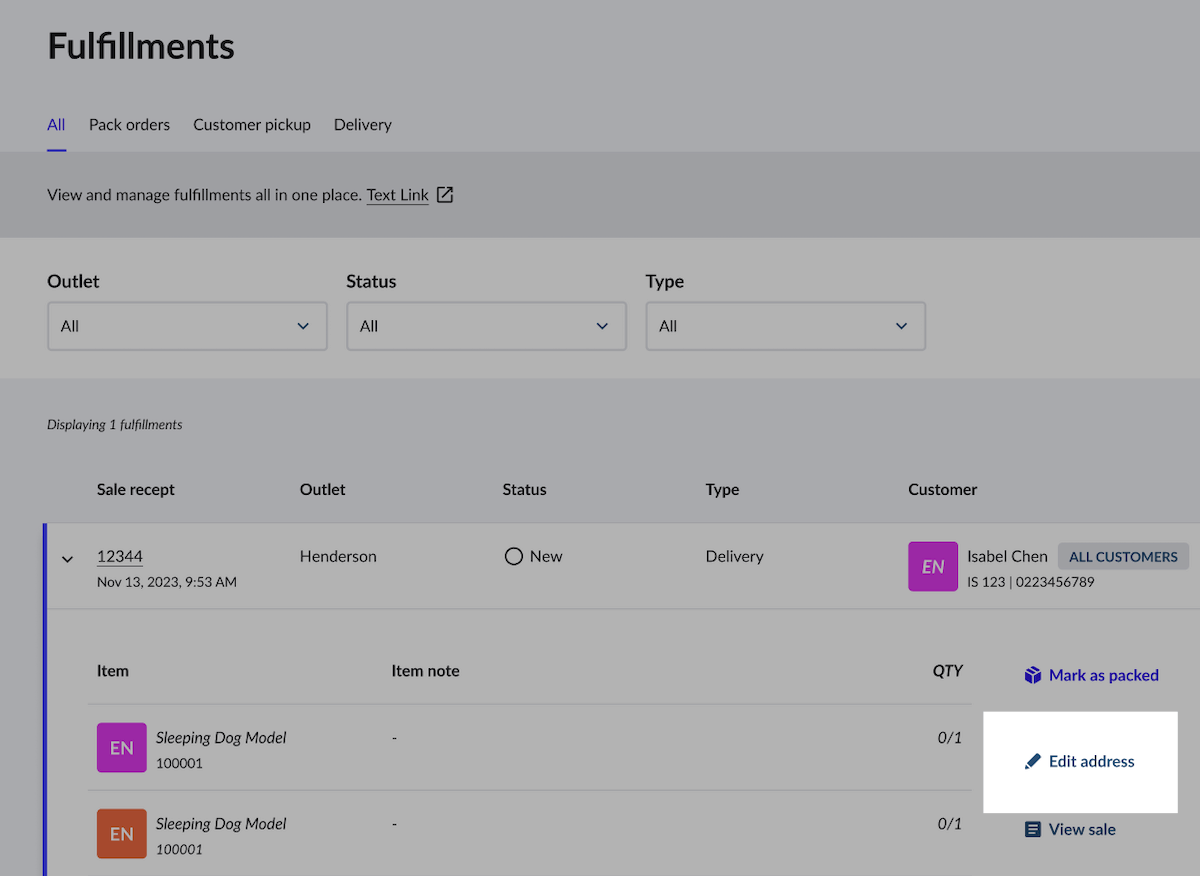 Edit address button on the Fulfillments page.