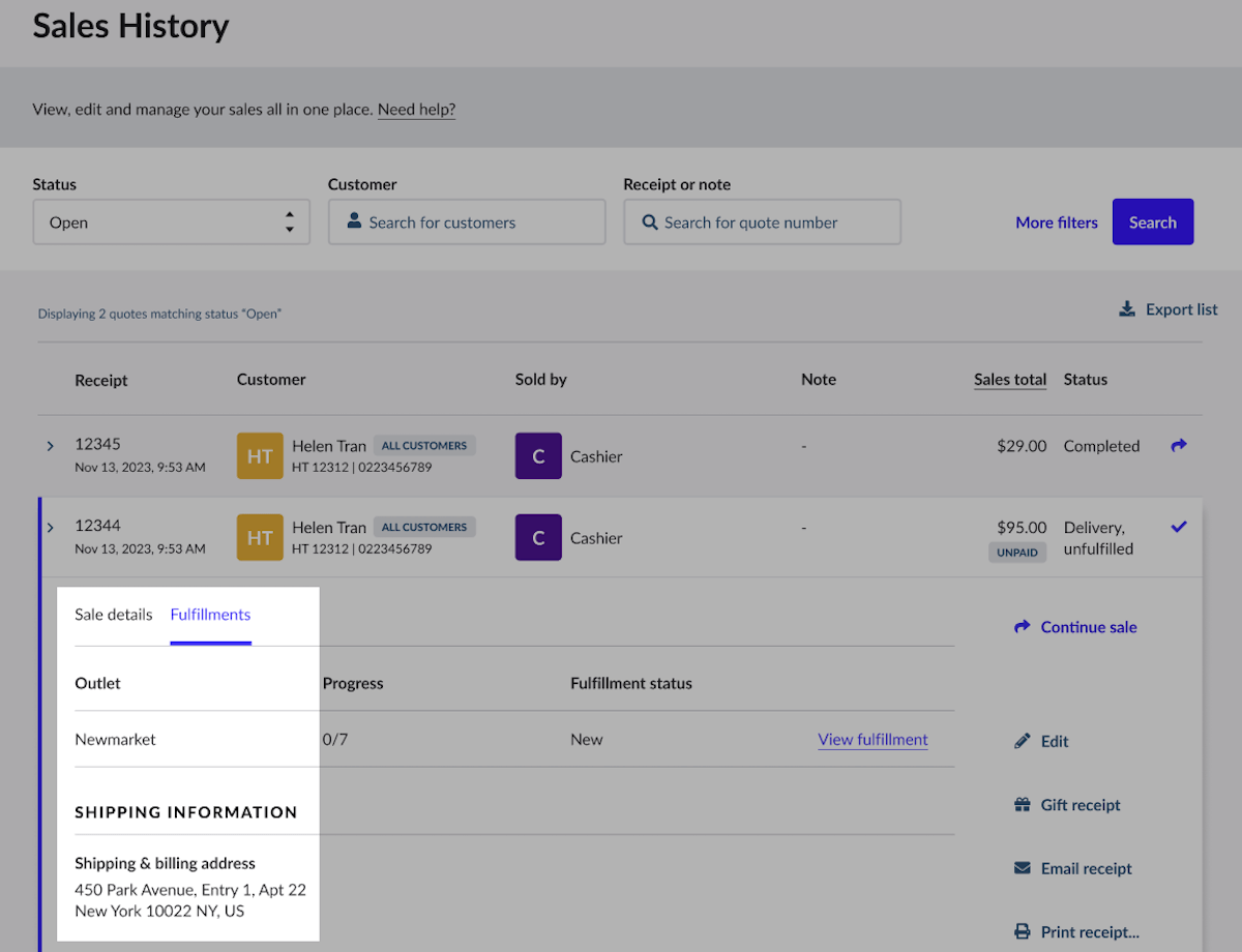 View details on the Fulfillments tab on the Sales history page.
