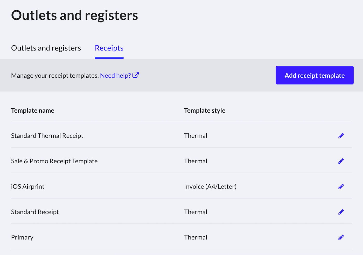 Receipts tab on the Outlets and registers page.