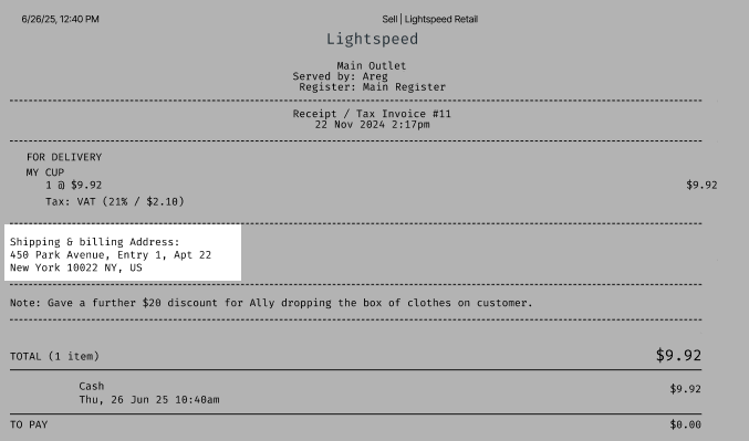 Example receipt with addresses highlighted.