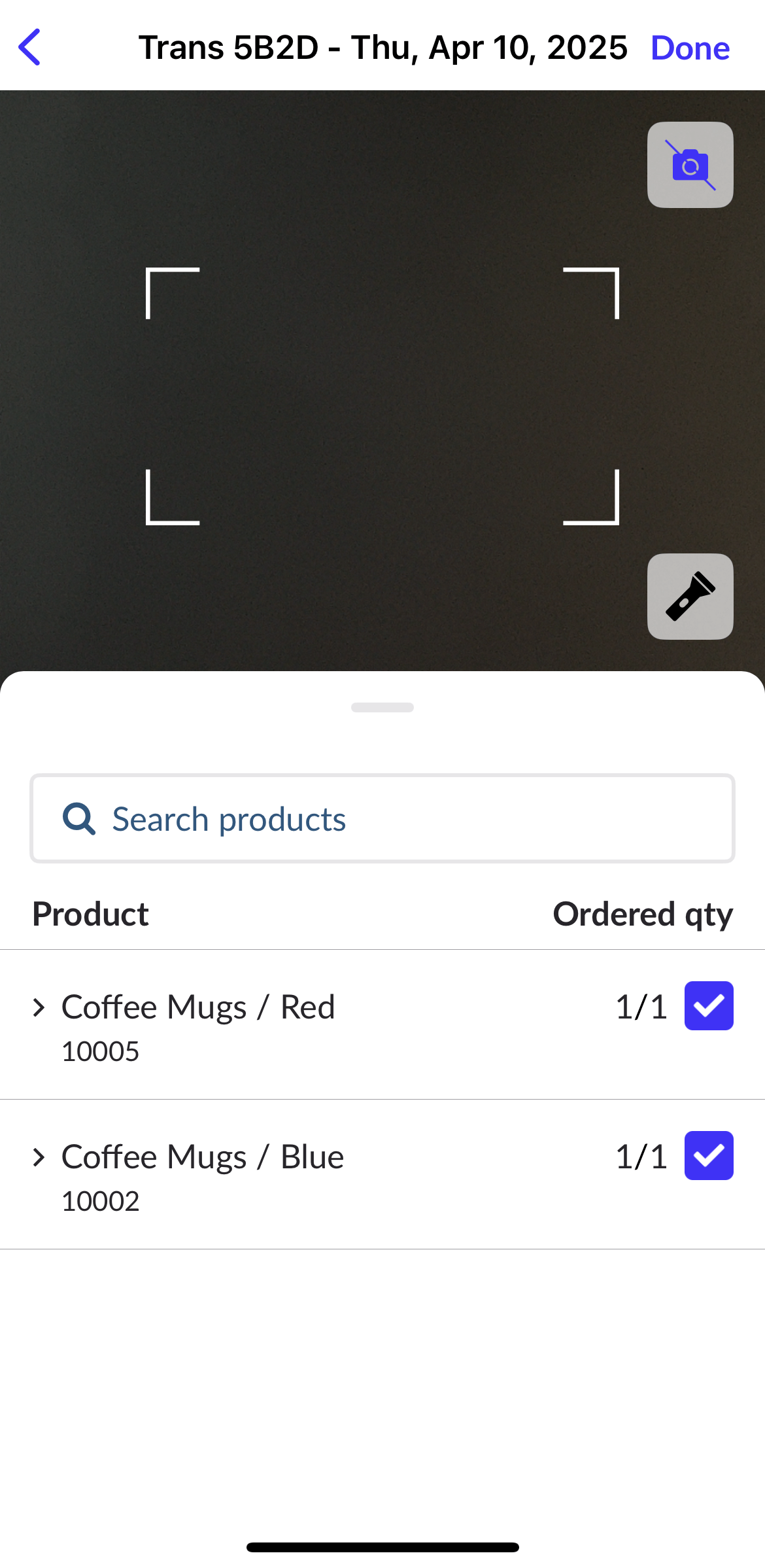 Page Emballer; des cases à cocher pour chaque produit sont visibles.