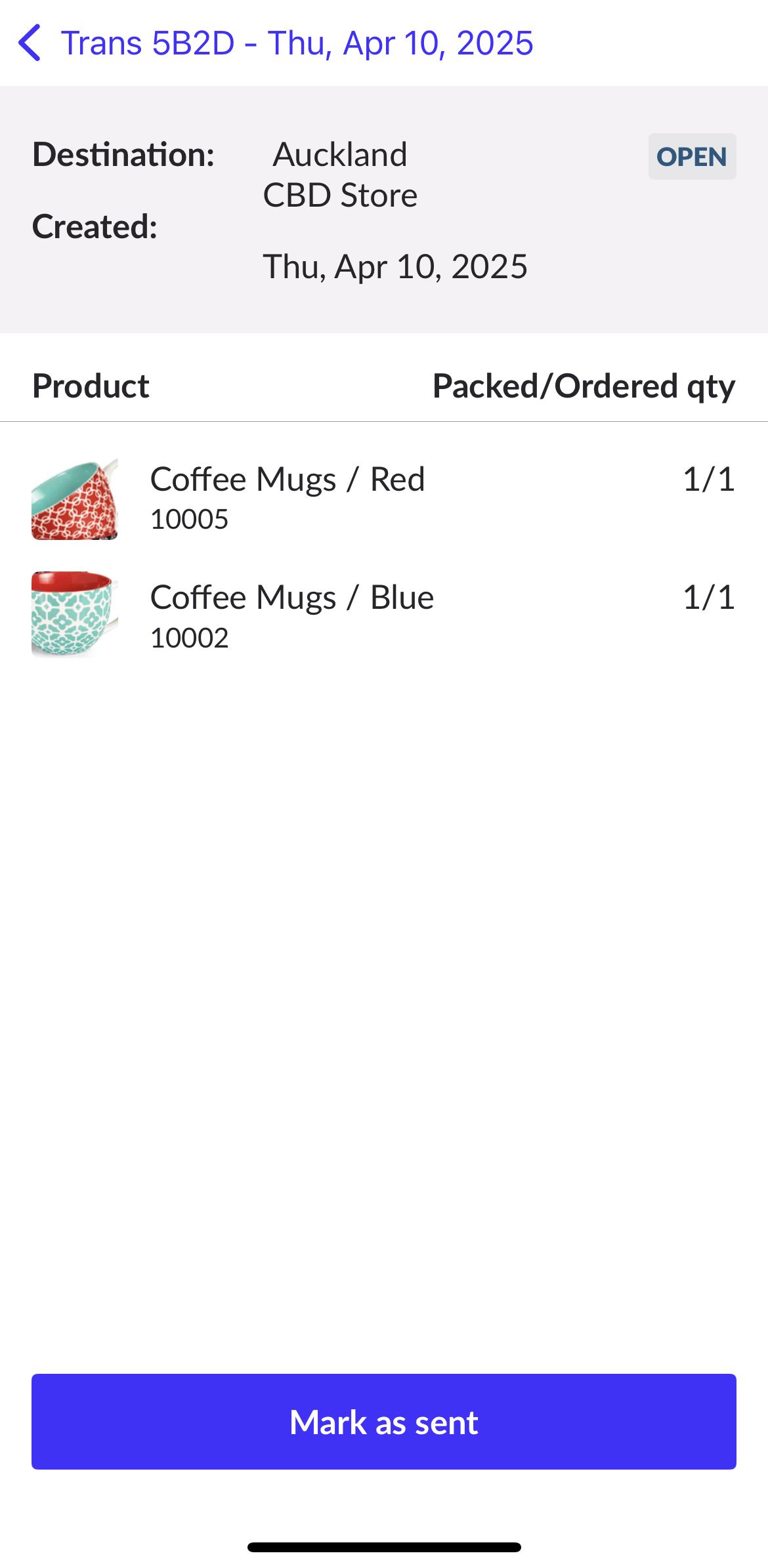 Page Emballé; le bouton Marquer comme envoyé est visible.