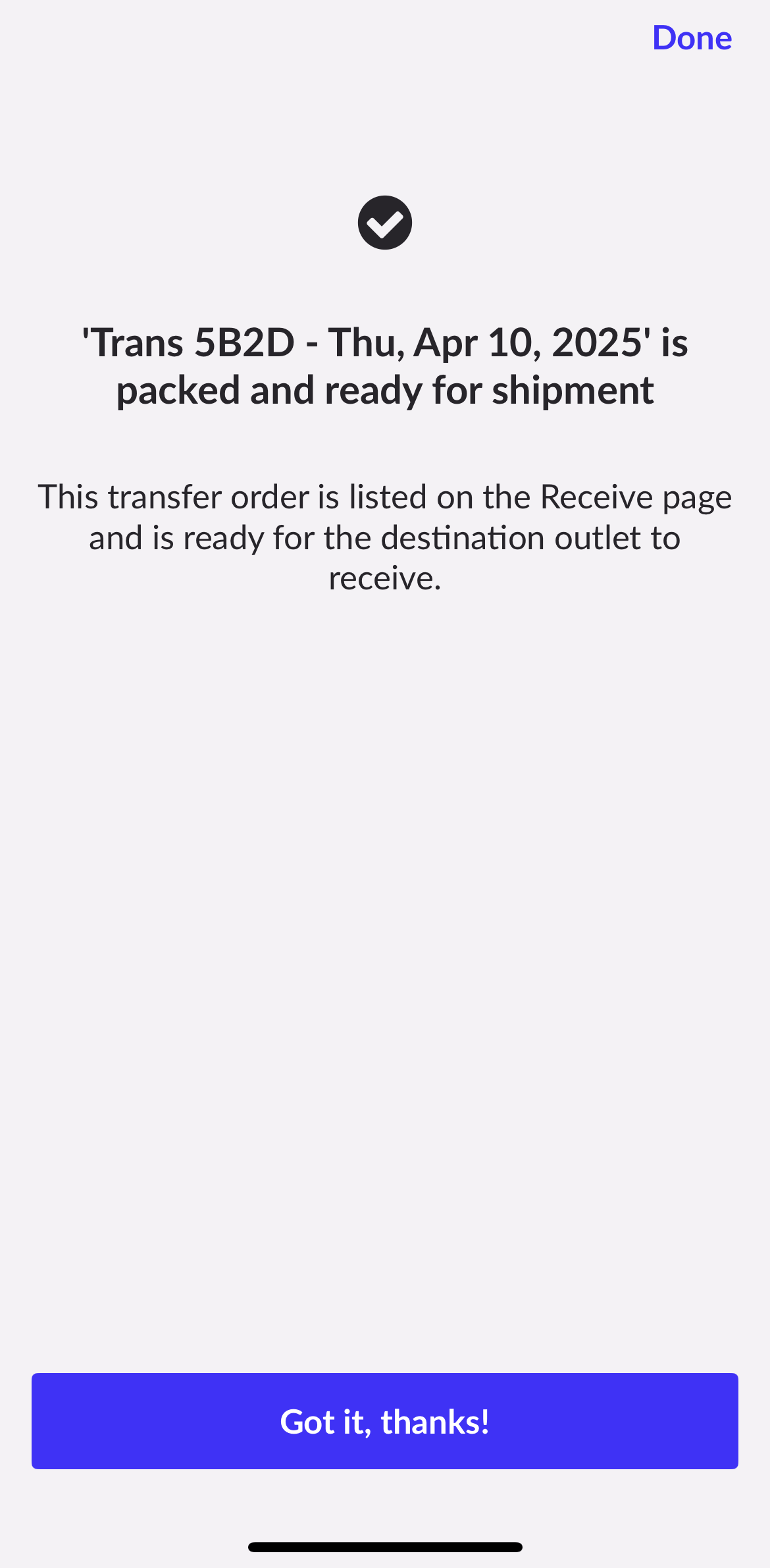 Écran de confirmation.