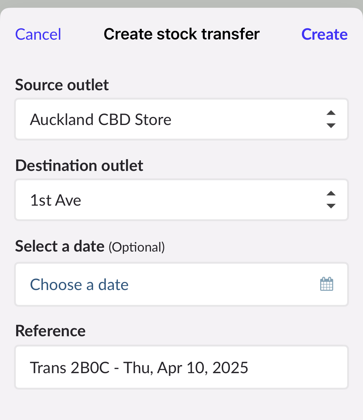 Page de création d’un transfert de stock.