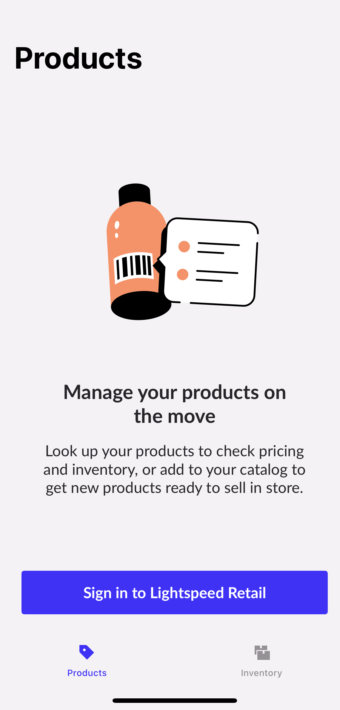 Page Produits; le bouton Se connecter à Lightspeed détaillants est visible.