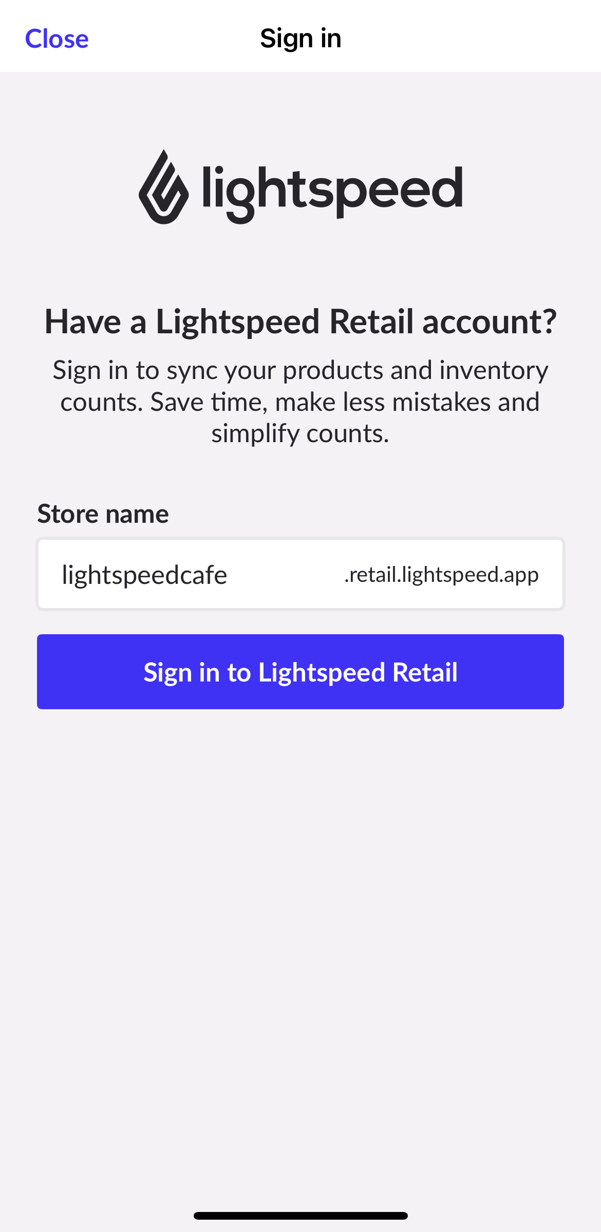 Champ Nom de la boutique et bouton Se connecter à Lightspeed détaillants.