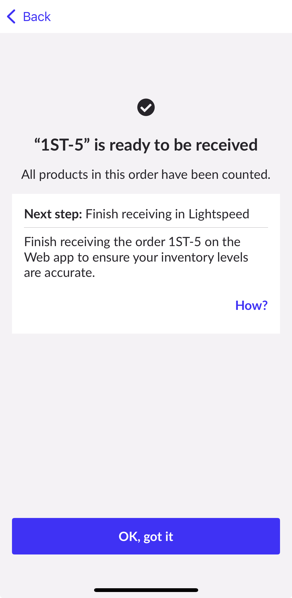 Page de confirmation indiquant que la commande est prête à être réceptionnée.