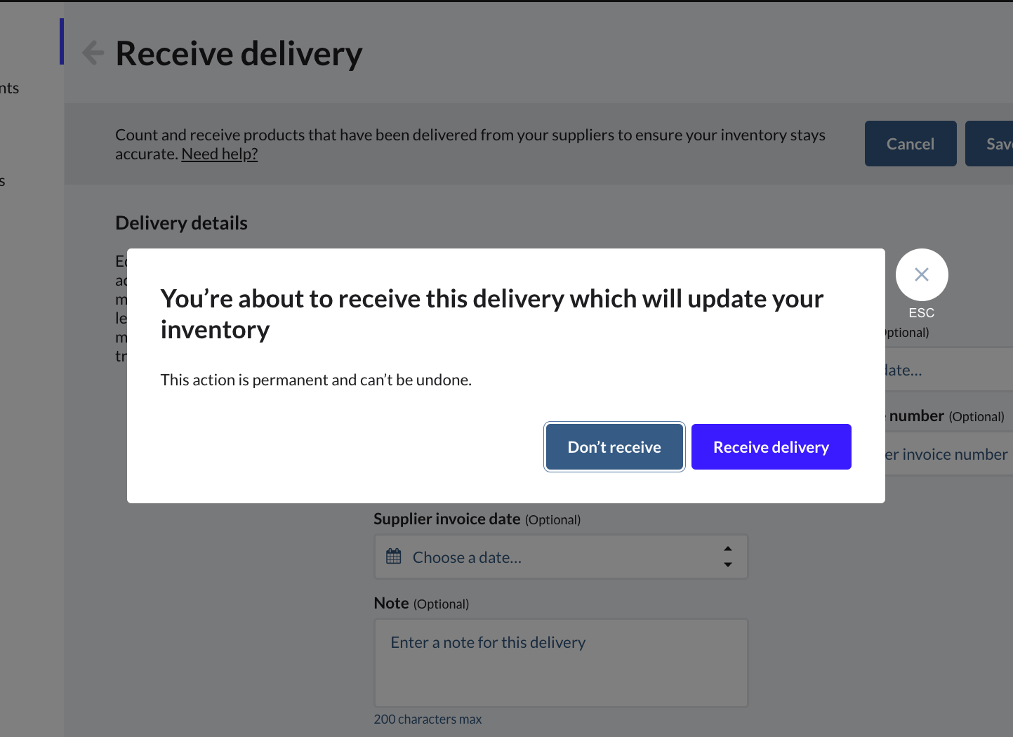 Un message d’avertissement s’affiche pour indiquer que l’action de réceptionner des produits est permanente.
