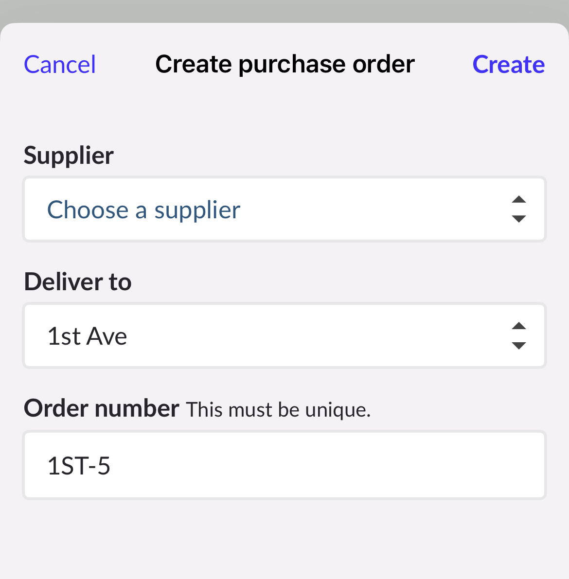 Page Créer un bon de commande; les champs Fournisseur, Établissement de livraison et Numéro de commande sont visibles.