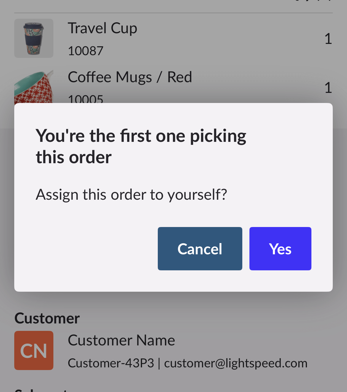 Message contextuel d’attribution du traitement de la commande, avec les options Oui et Annuler.