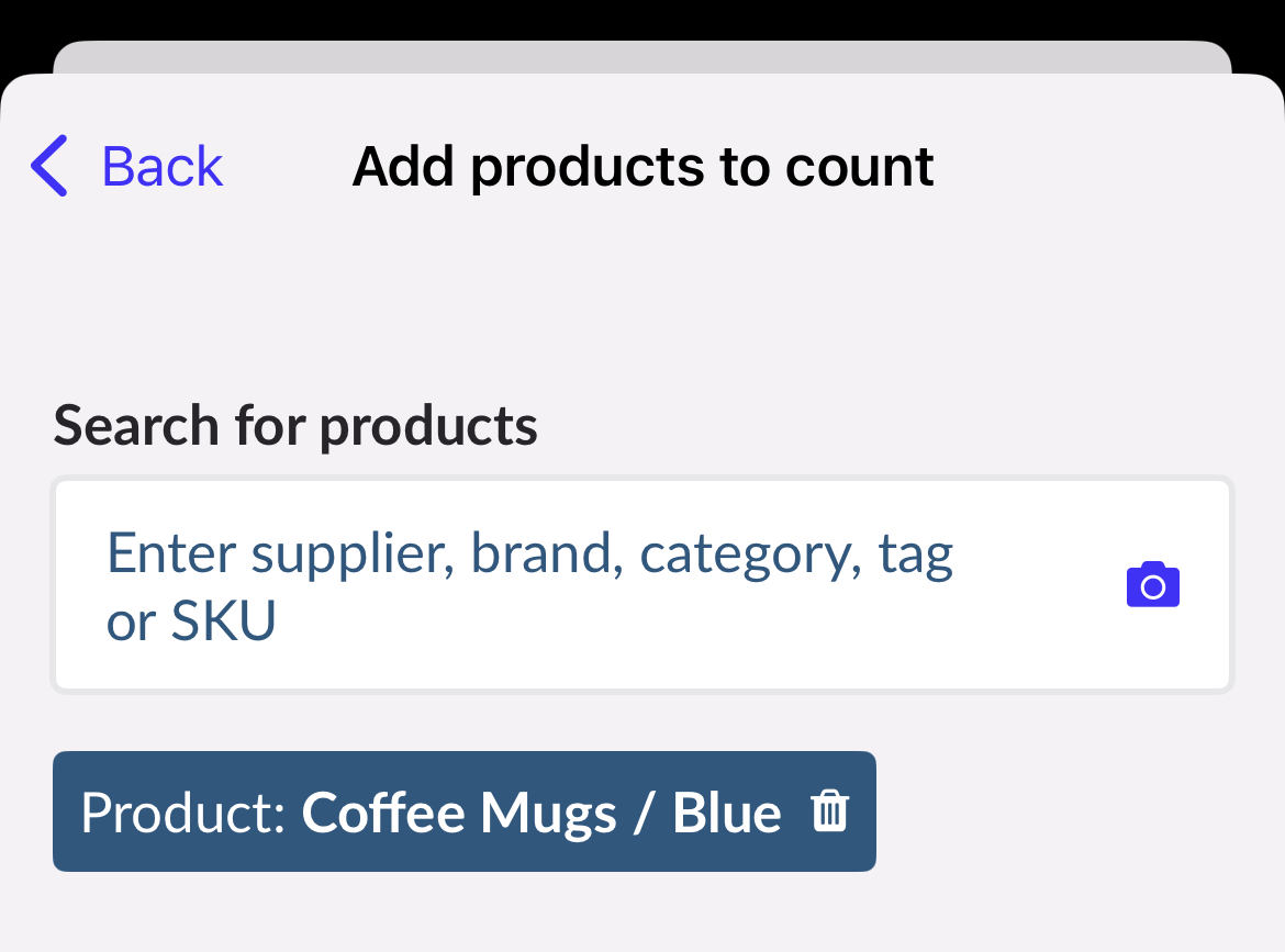 Page Ajouter des produits à dénombrer.