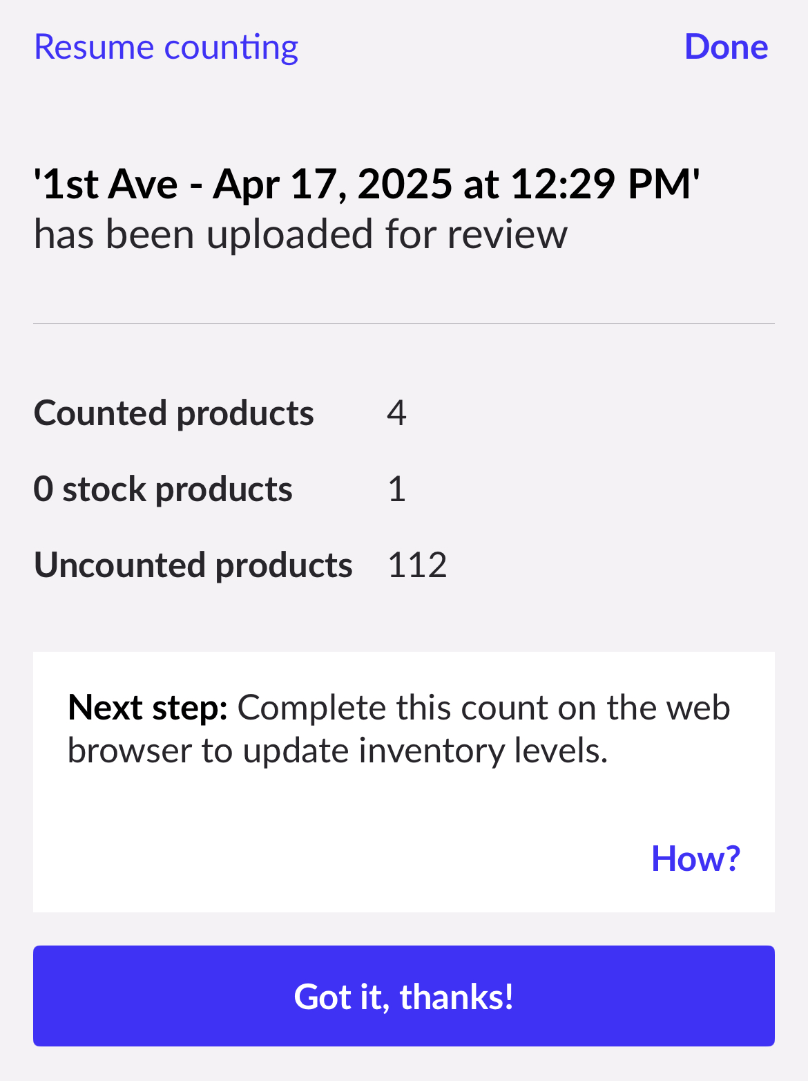 Page de confirmation; les champs Produits dénombrés, 0 produit en stock et Produits non dénombrés avec leurs quantités respectives sont visibles.
