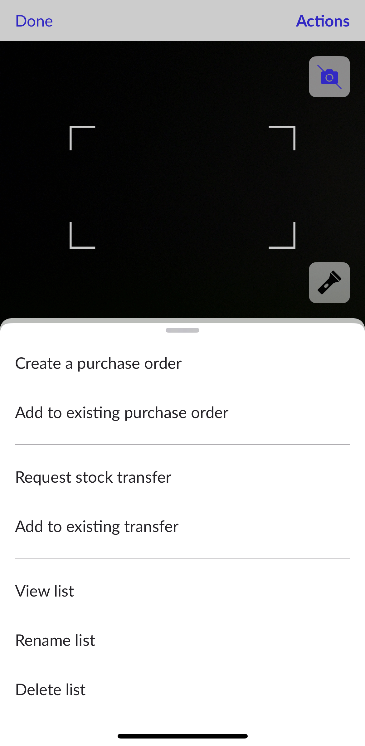 Page de la liste; la liste des options du menu Actions, dont Créer un bon de commande, est visible.