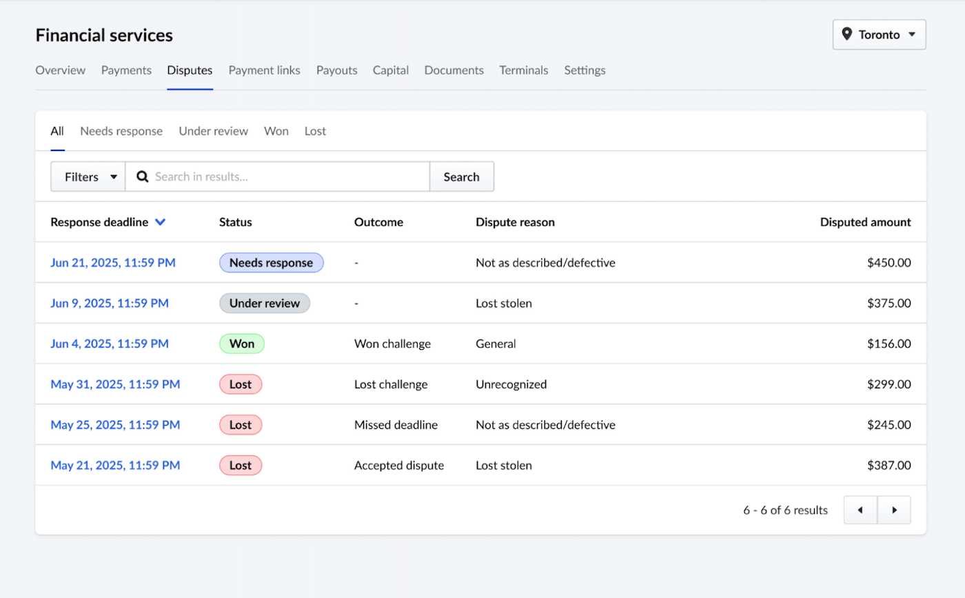 Financial services showing disputes tab.