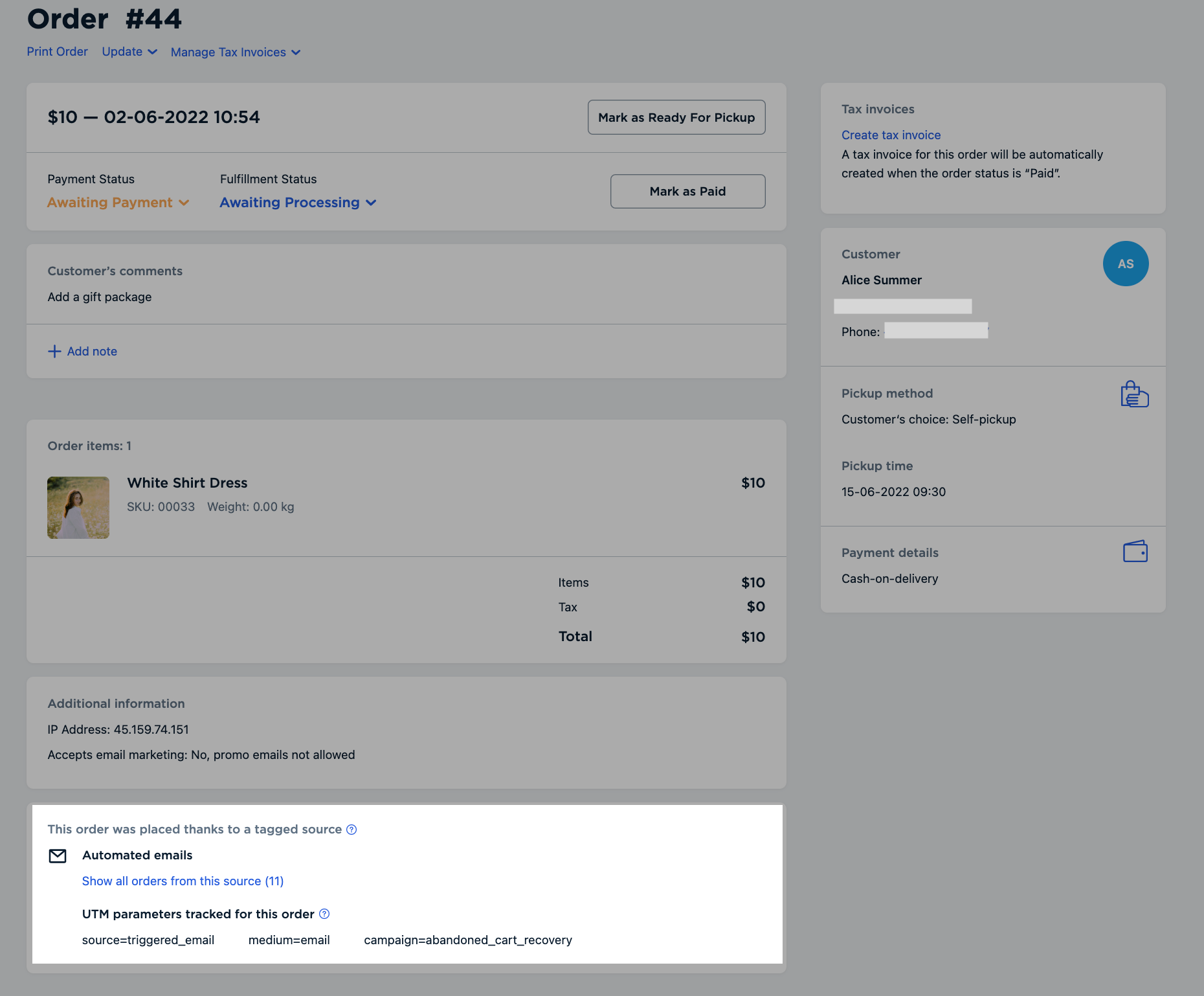 Viewing UTM parameter for an order