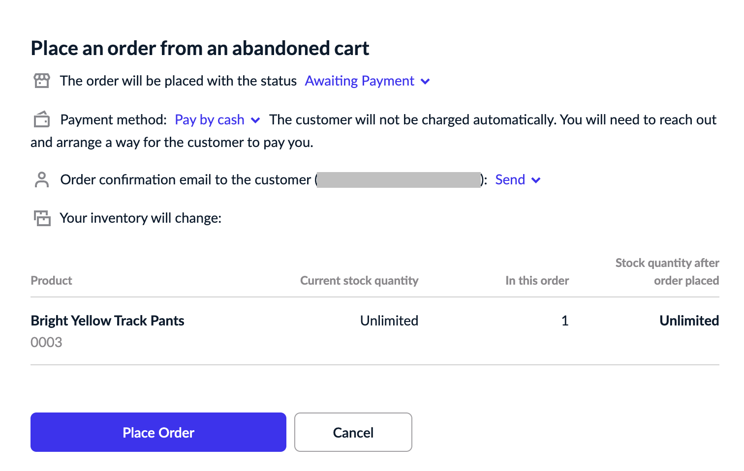 Placing order from an abandoned cart