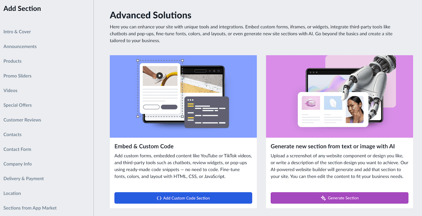Advanced solutions page with section to add custom code.