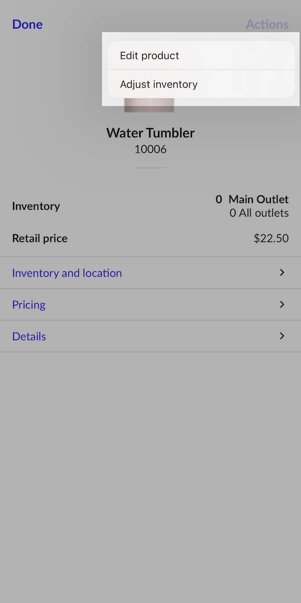 Page du produit; le menu Actions est sélectionné et les options Modifier le produit et Ajuster les stocks sont visibles.