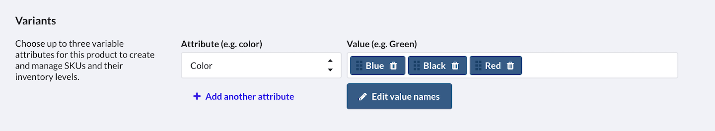 Section Variantes, le bouton Modifier les noms des valeurs est mis en évidence.