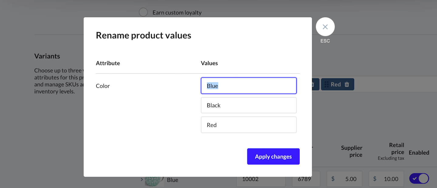 Fenêtre contextuelle Renommer les valeurs du produit.