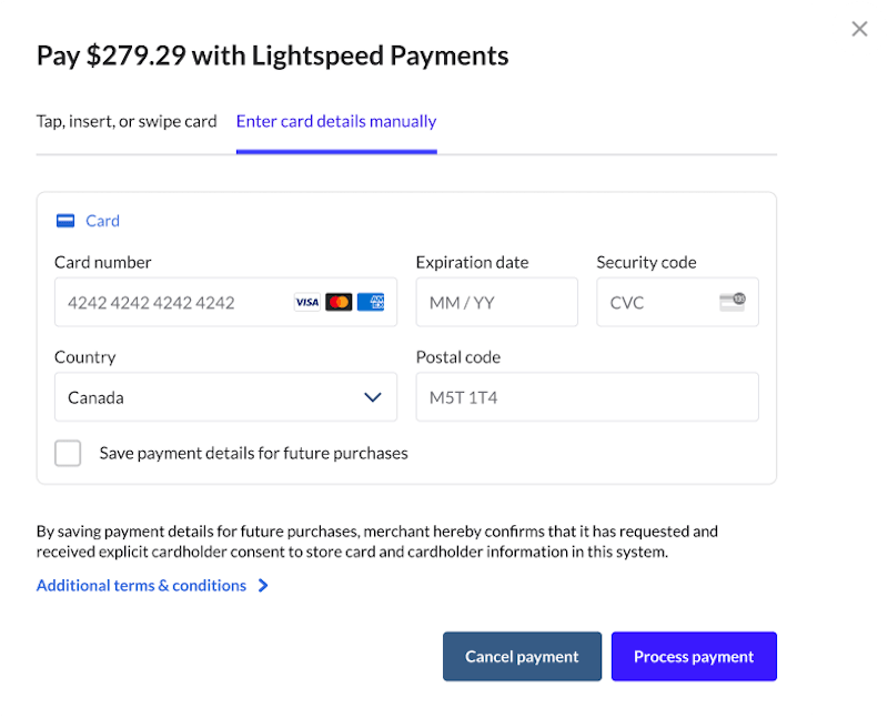 Enter manual card details with checkbox to save payment method for future purchases.