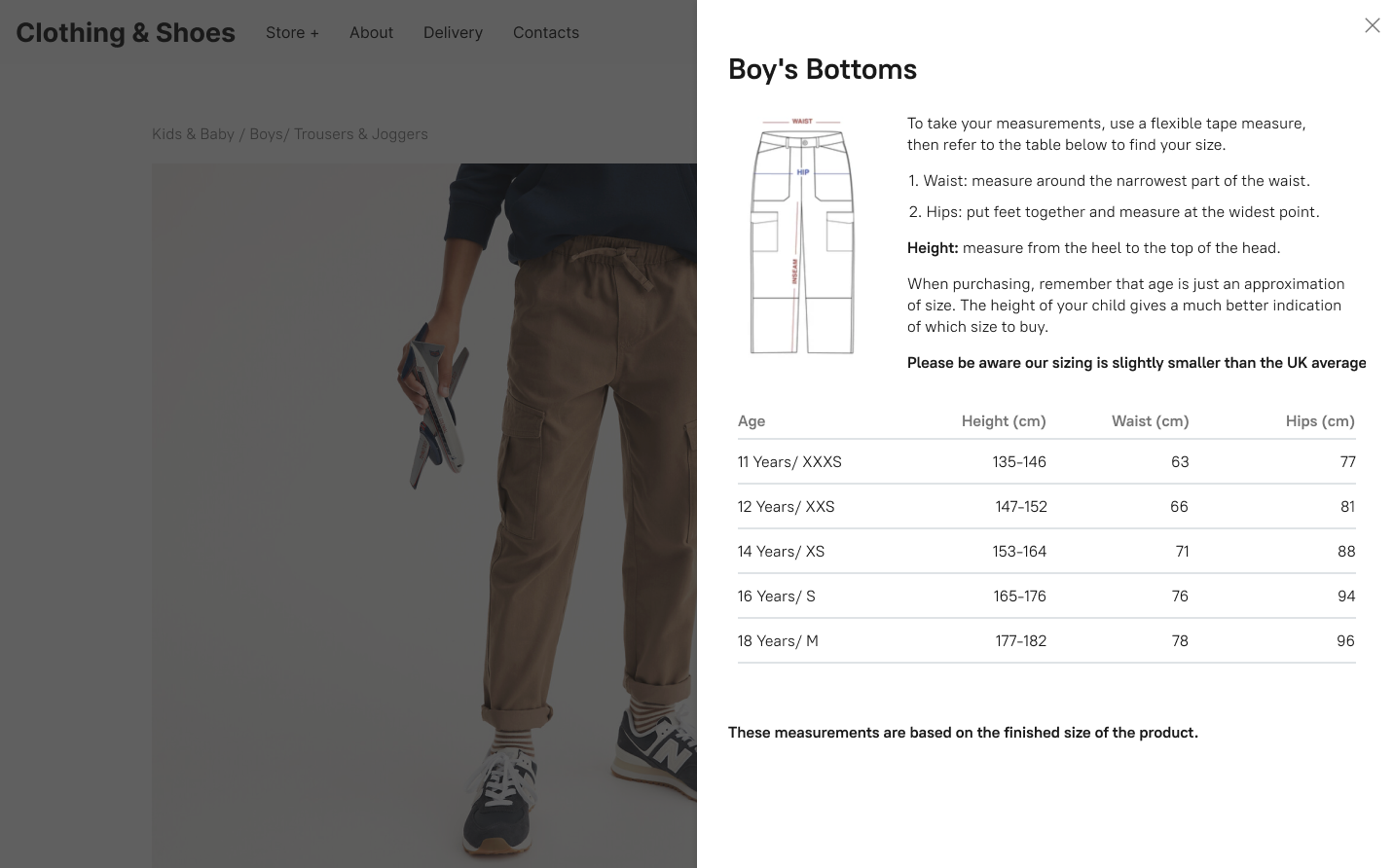 A size chart popup on a product page