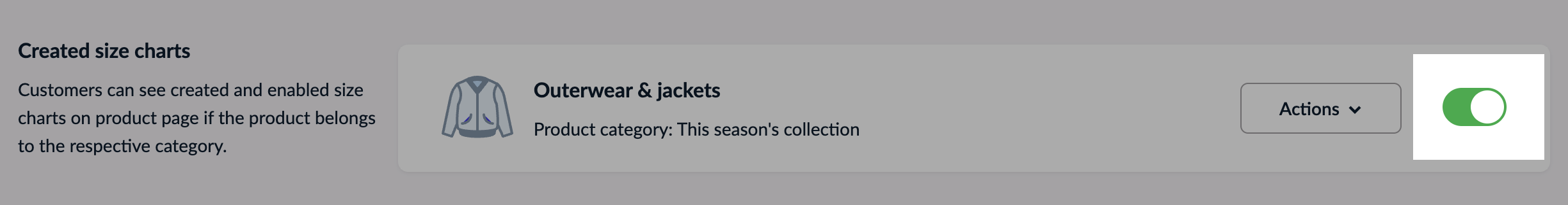 Switching the size chart toggle